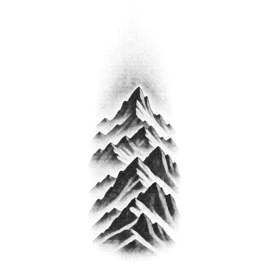 Dotwork stippled rib tattoo of a mountain ridge under a graded sky