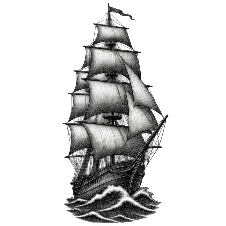 Woodcut engraving rib tattoo of a sailing ship under full sail