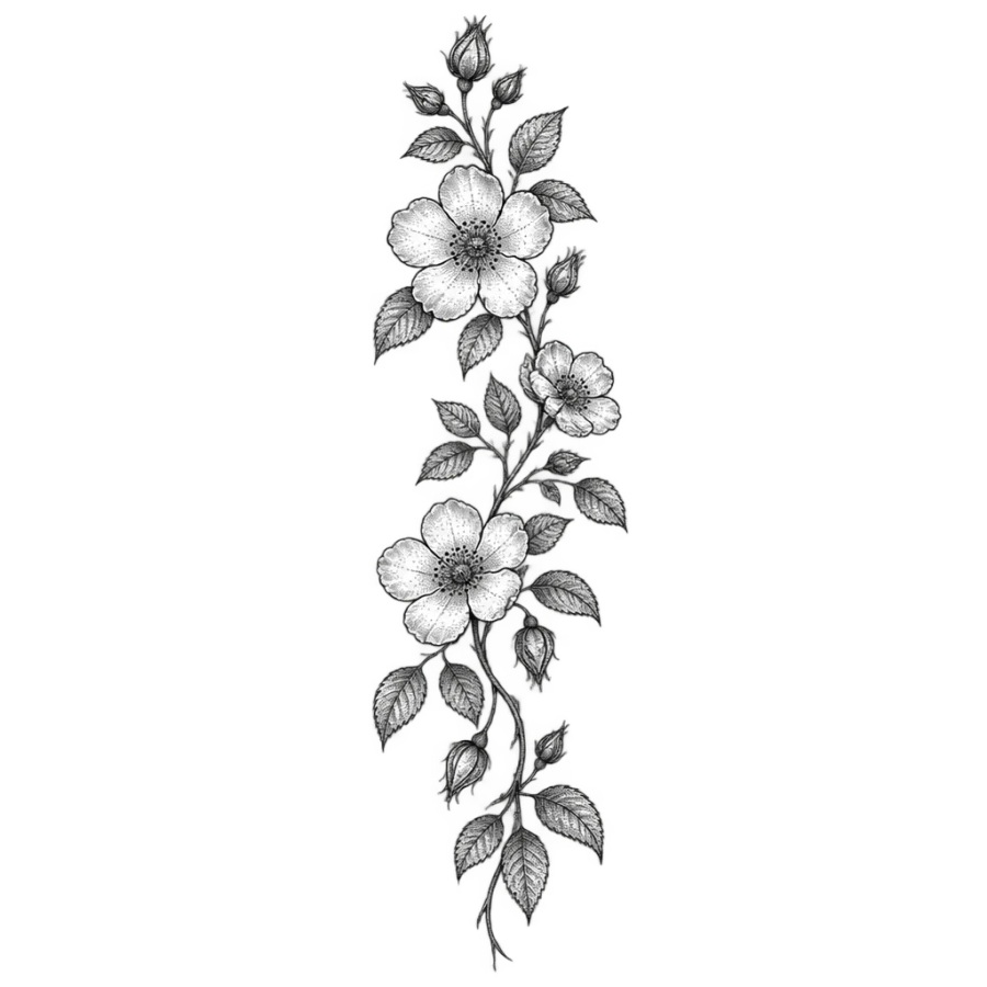 Fine line rib tattoo of a slender wild rose vine with buds and blooms