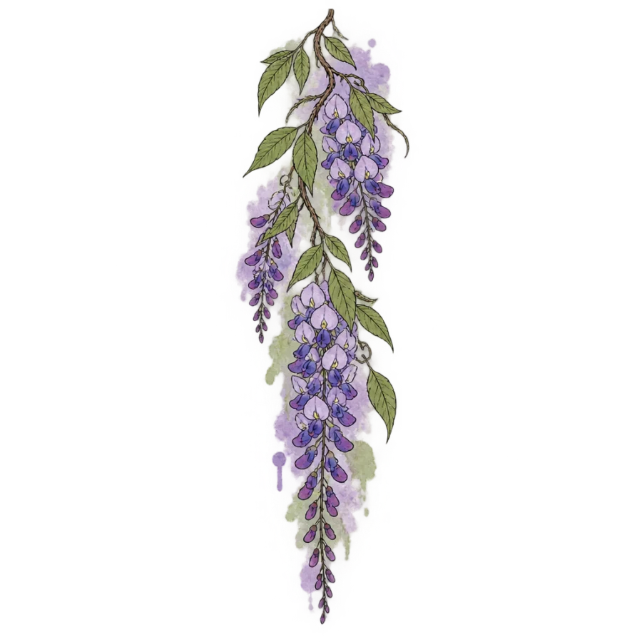 Watercolour rib tattoo of a trailing wisteria vine in soft washes