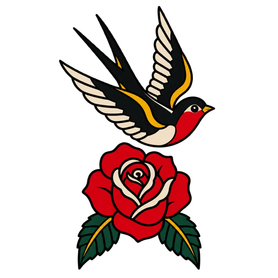 American traditional rib tattoo of a swallow above an opening rose