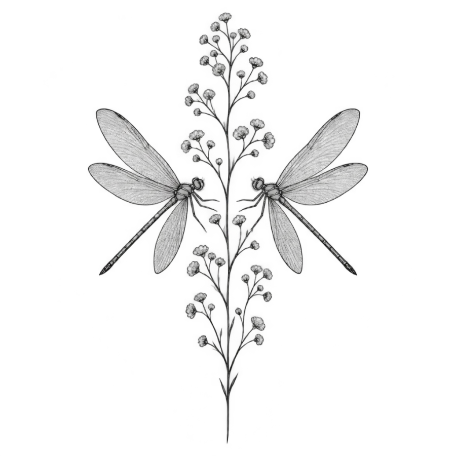 Fine line tattoo design of mirrored dragonflies flanking a slender baby's breath sprig
