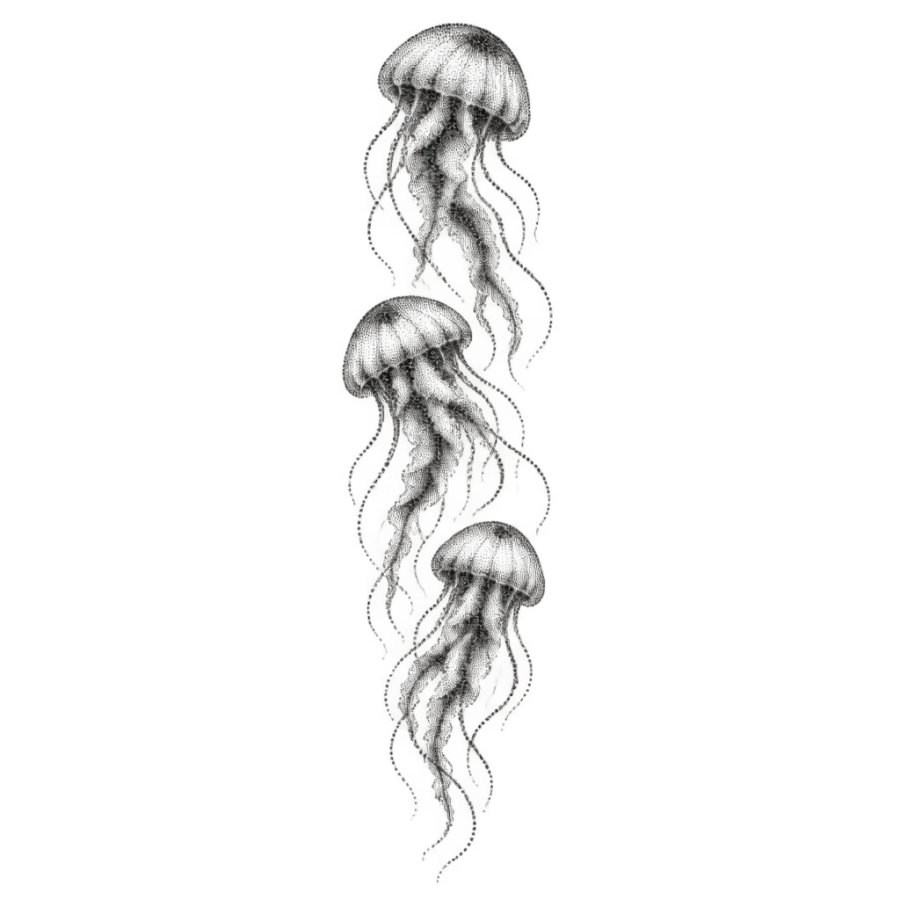 Dotwork stippled tattoo design of three jellyfish stacked in a tall rib column
