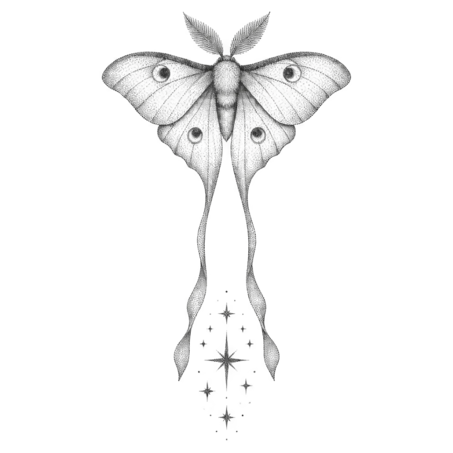 Dotwork stippled rib tattoo of a moth with trailing tails and stars