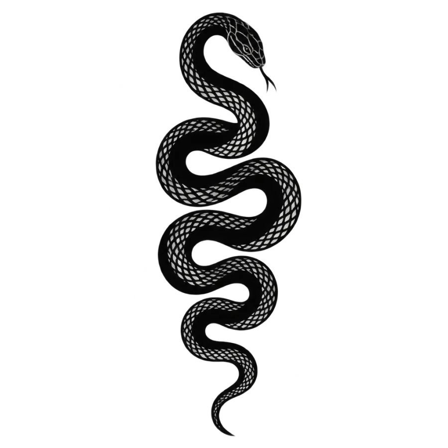 Blackwork rib tattoo of a winding snake with negative space scales