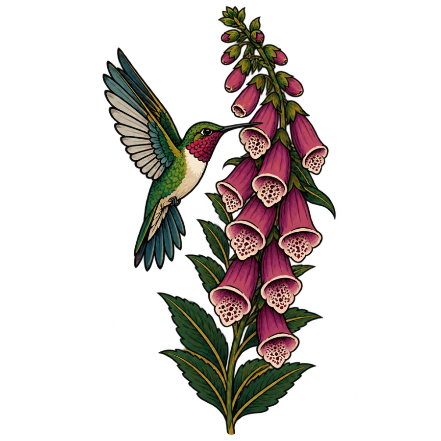 Neo traditional rib tattoo of a hummingbird beside a foxglove stem