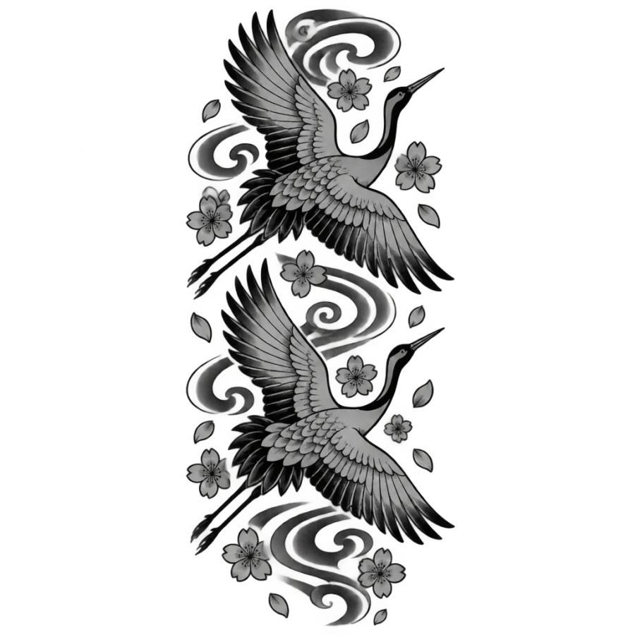 Japanese irezumi rib tattoo of two cranes among falling cherry blossoms