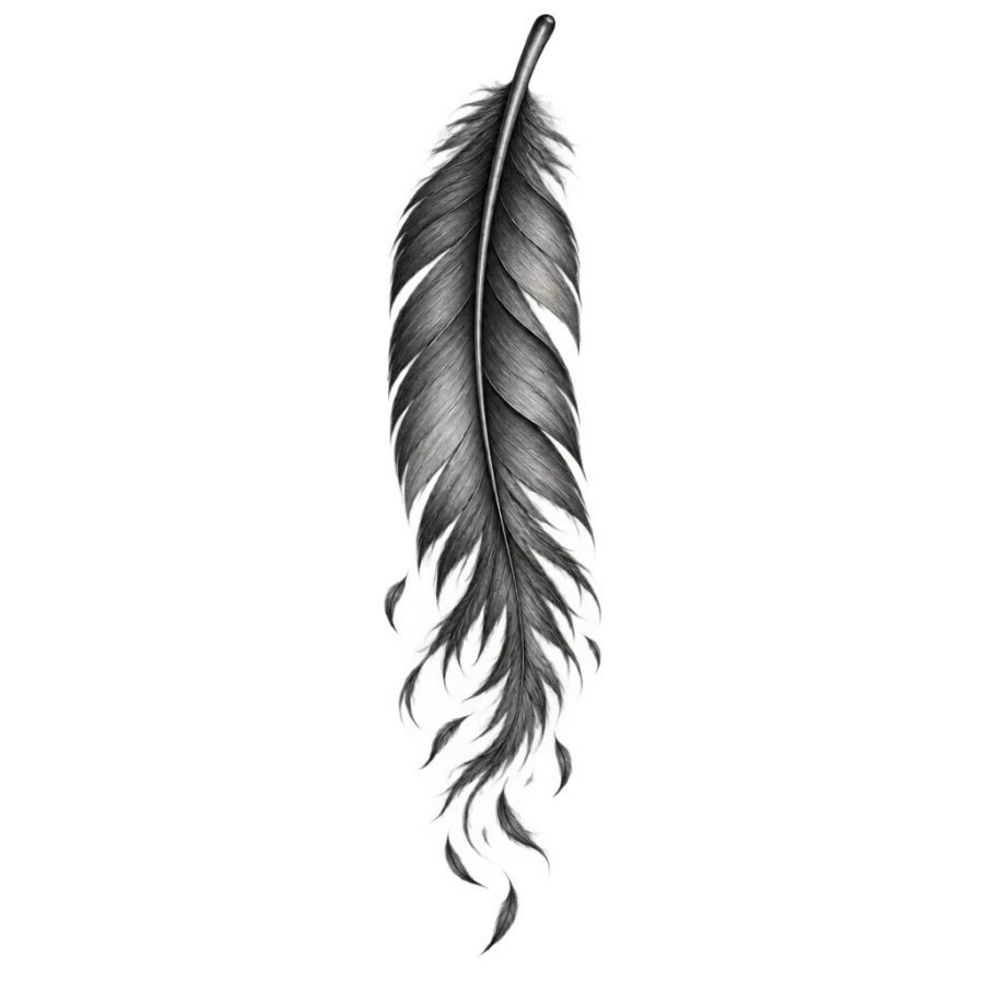 Black and grey realism rib tattoo of a feather breaking into wisps