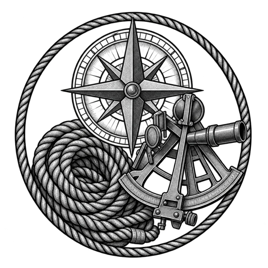 Woodcut engraving shoulder tattoo of a compass rose, sextant and rope