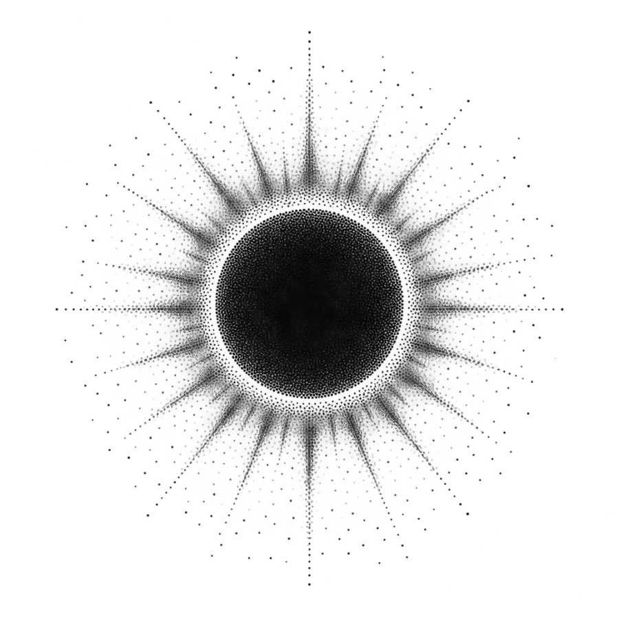 Dotwork stippled shoulder tattoo of a total eclipse with a fading corona