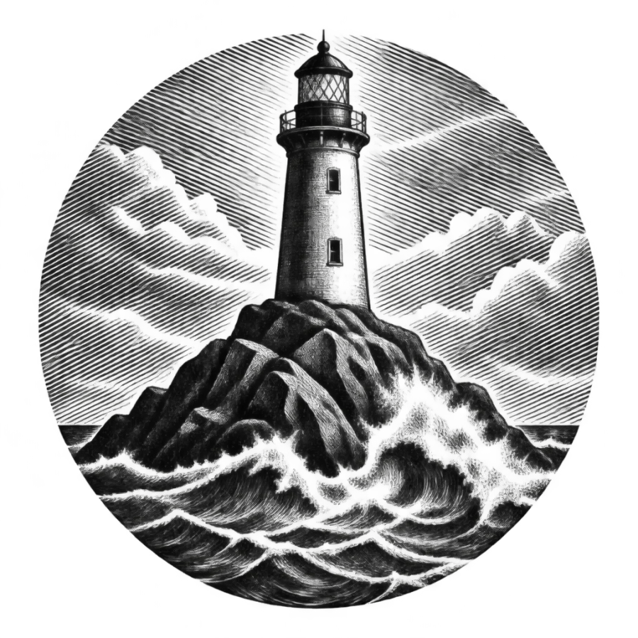 Woodcut engraved shoulder tattoo design of a lighthouse above breaking sea