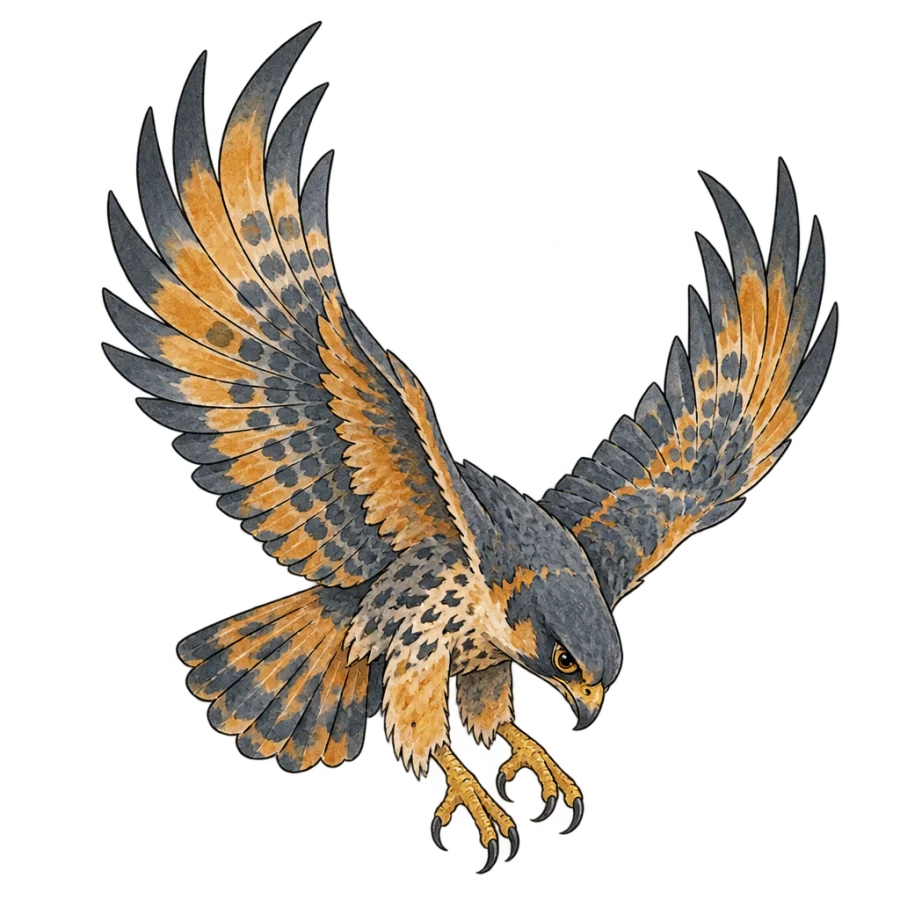 Watercolor shoulder tattoo design of a falcon diving with open wings