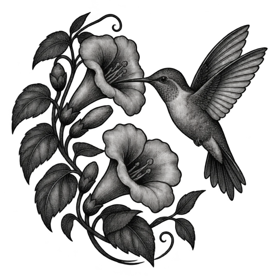 Engraved hummingbird and trumpet vine tattoo design for a shoulder