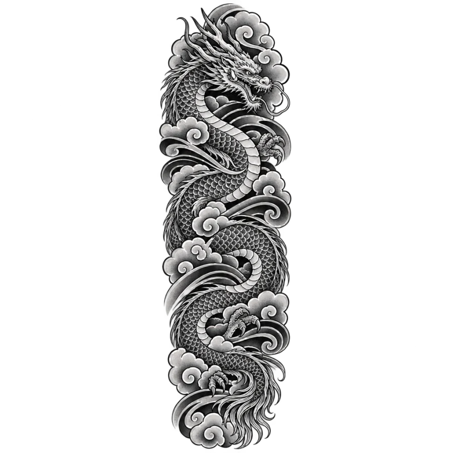 Japanese irezumi dragon sleeve tattoo drawn as a tall column