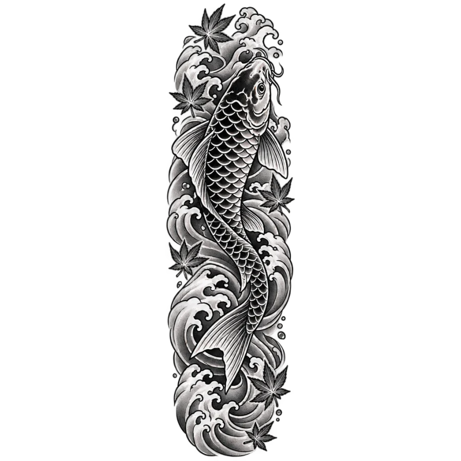 Japanese irezumi koi and water sleeve tattoo climbing the arm