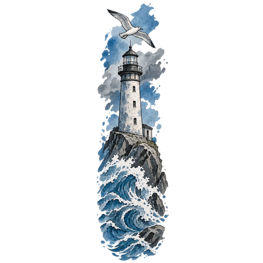 Watercolor lighthouse and stormy sea sleeve tattoo column