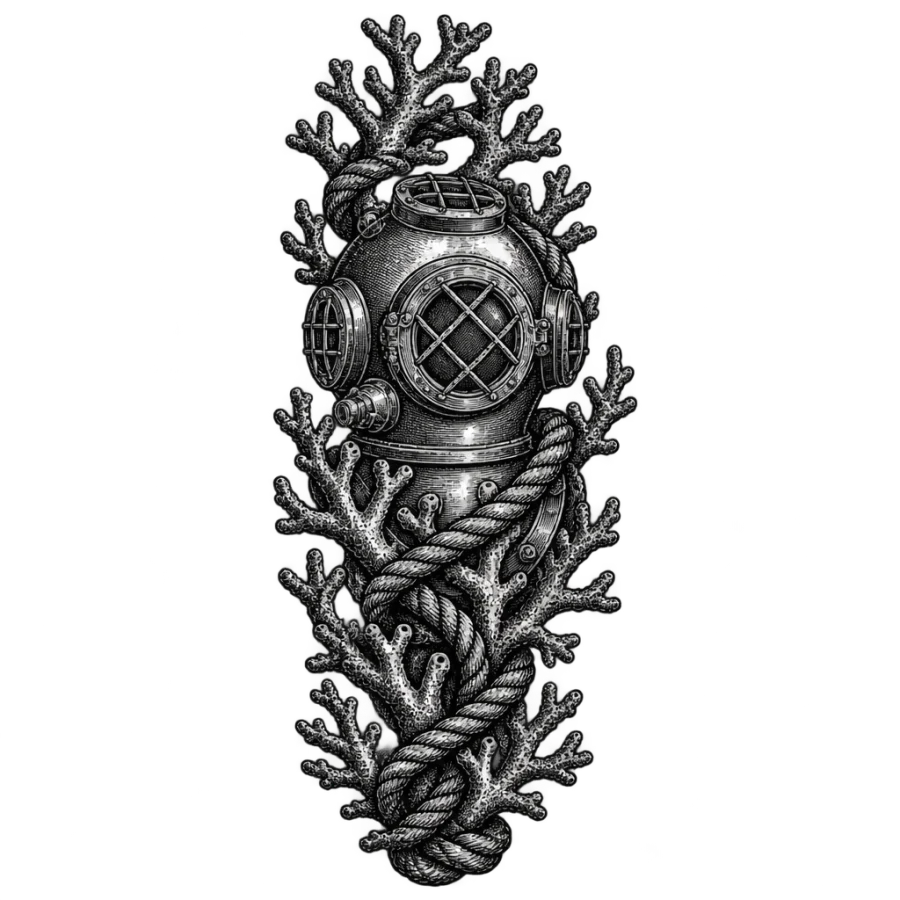 Engraved sleeve tattoo design of a diving helmet wrapped in coral and rope