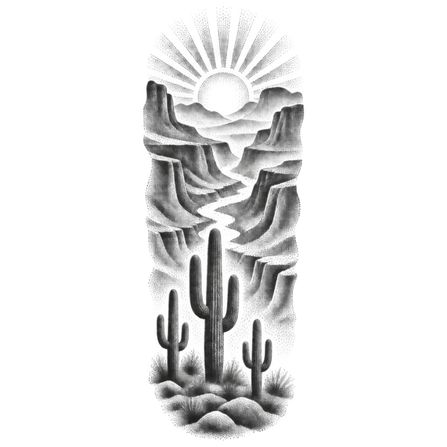 Dotwork stippled sleeve tattoo design of a desert canyon at sunrise