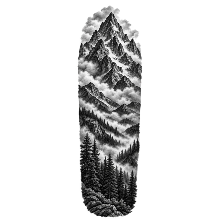 Black and grey mountain and forest sleeve tattoo in a tall column