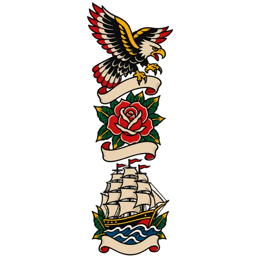 American traditional eagle rose and ship sleeve tattoo panels