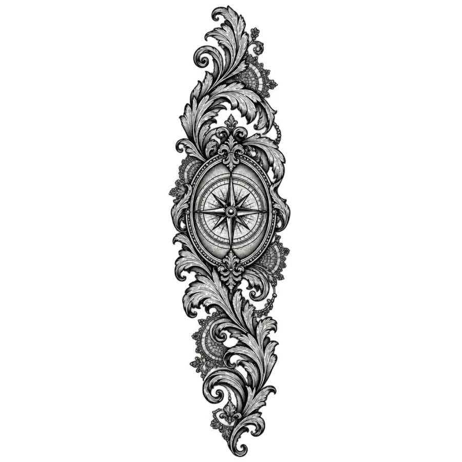 Ornamental filigree scrollwork sleeve tattoo with a compass cameo