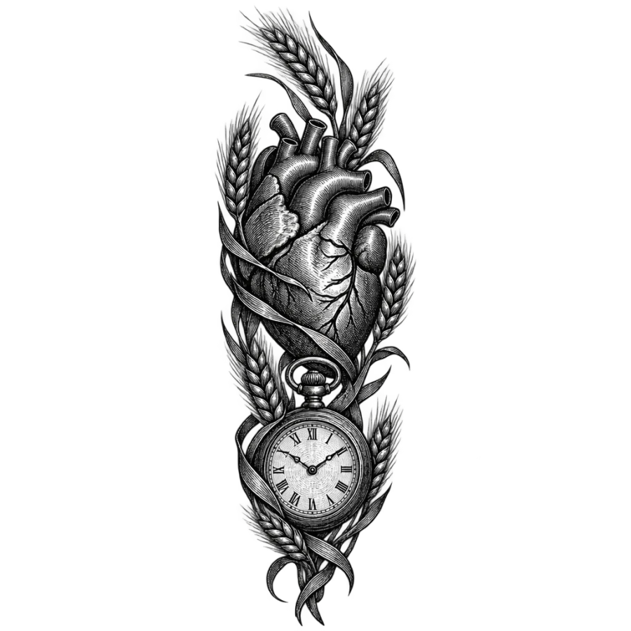 Engraved anatomical heart and pocket watch sleeve tattoo column