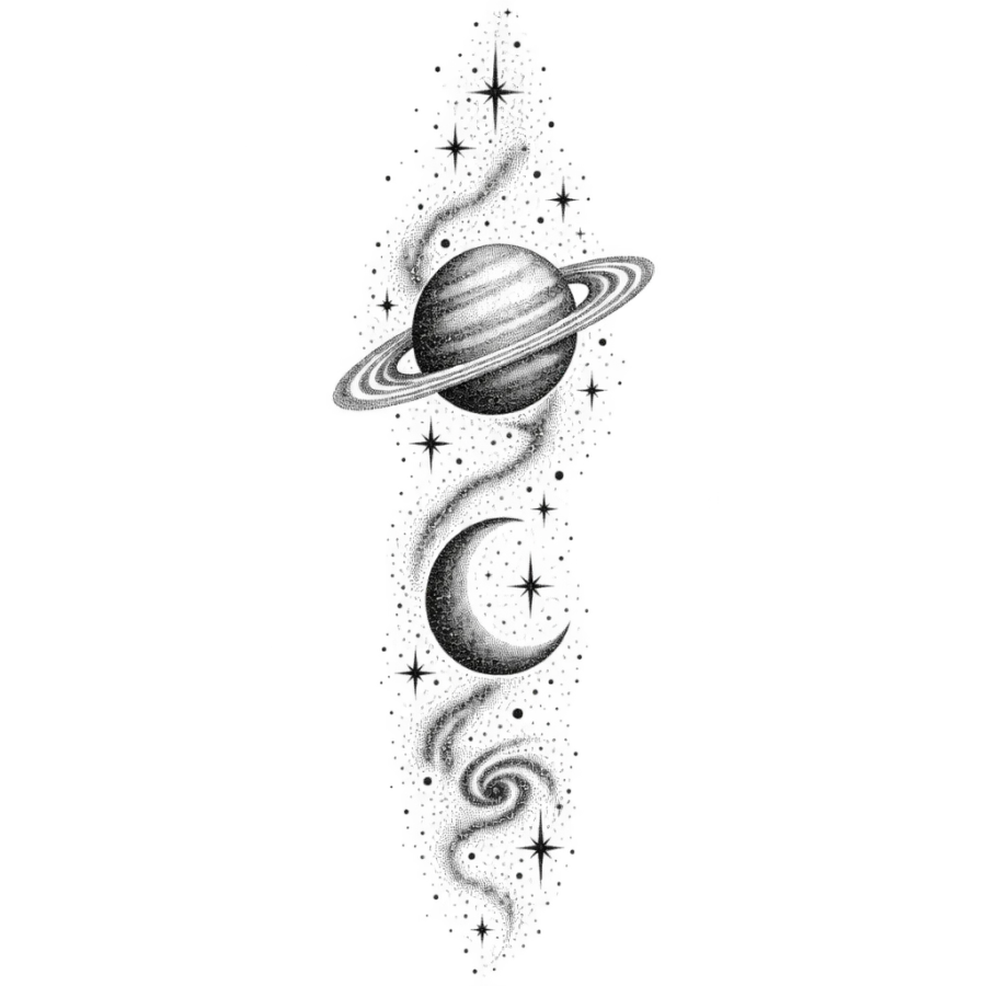 Dotwork planet and moon cosmic sleeve tattoo in a tall column