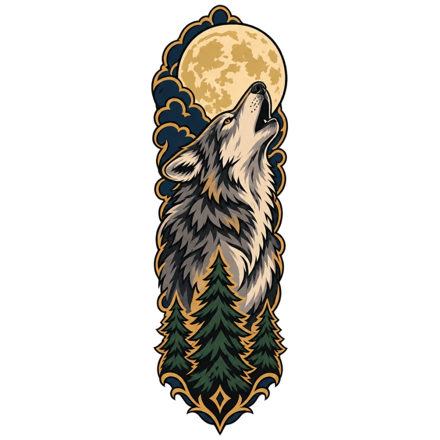 Neo traditional howling wolf and moon sleeve tattoo column