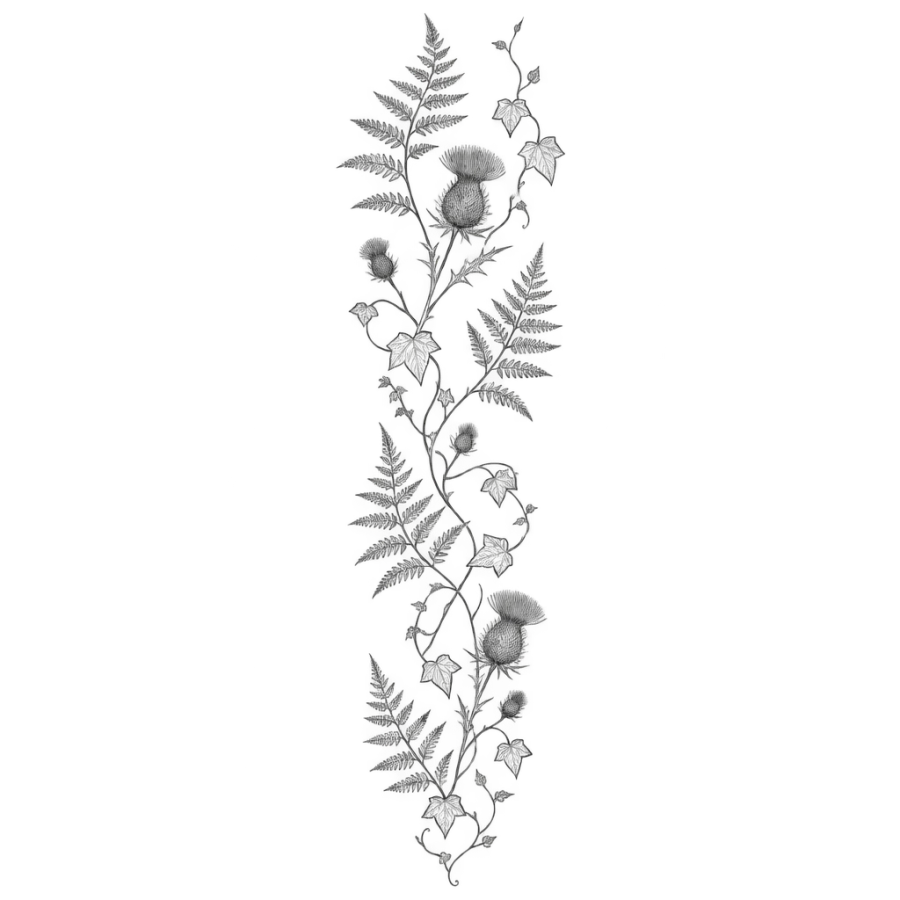 Fine line botanical sleeve tattoo of fern thistle and ivy