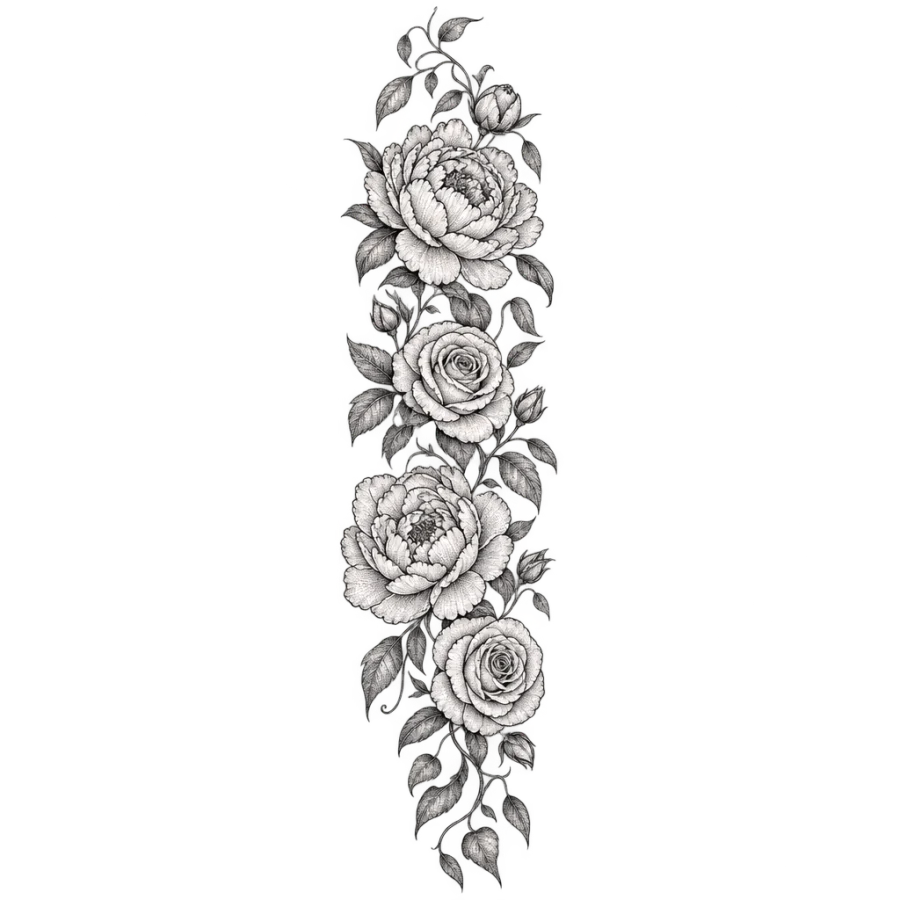 Fine line peony and rose floral sleeve tattoo as a tall column