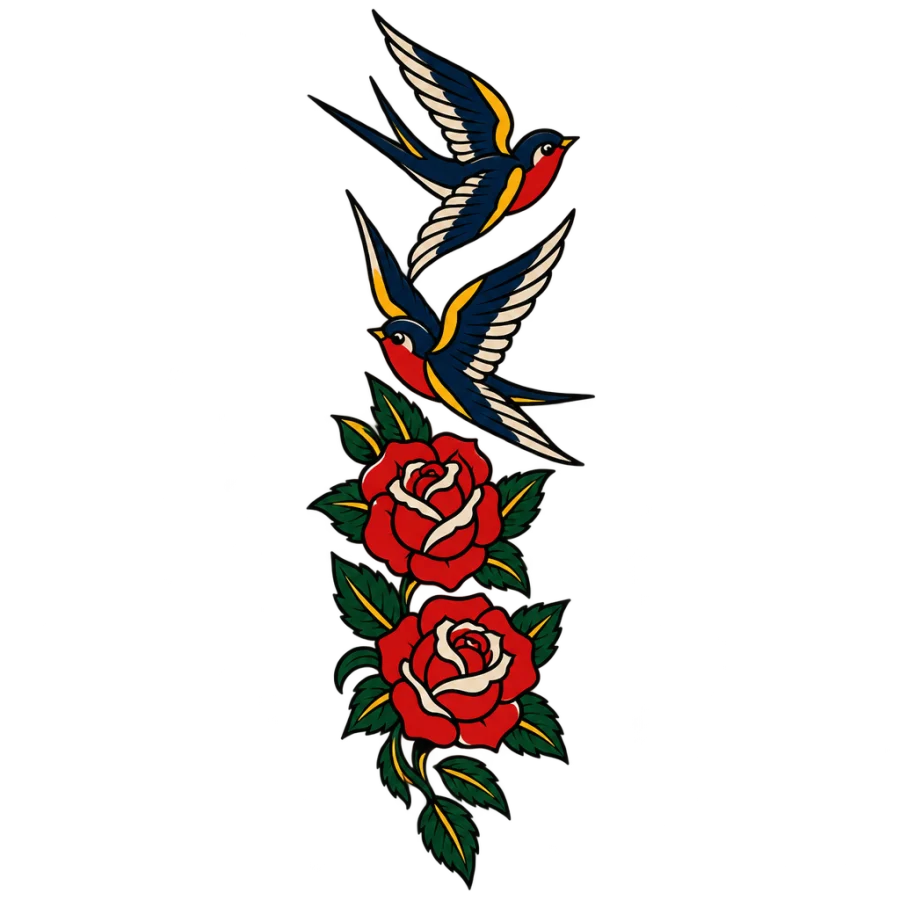 American traditional swallows and roses sleeve tattoo column