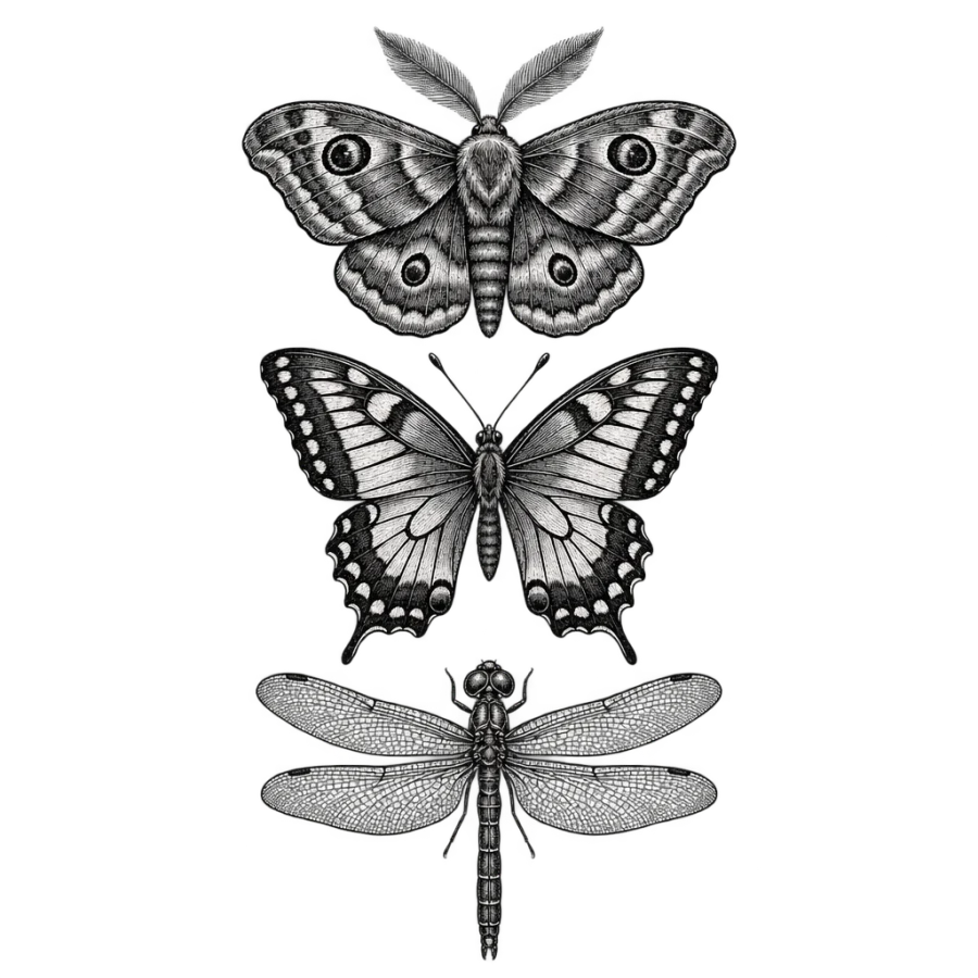 Engraved insect specimen sleeve tattoo with moth butterfly and dragonfly