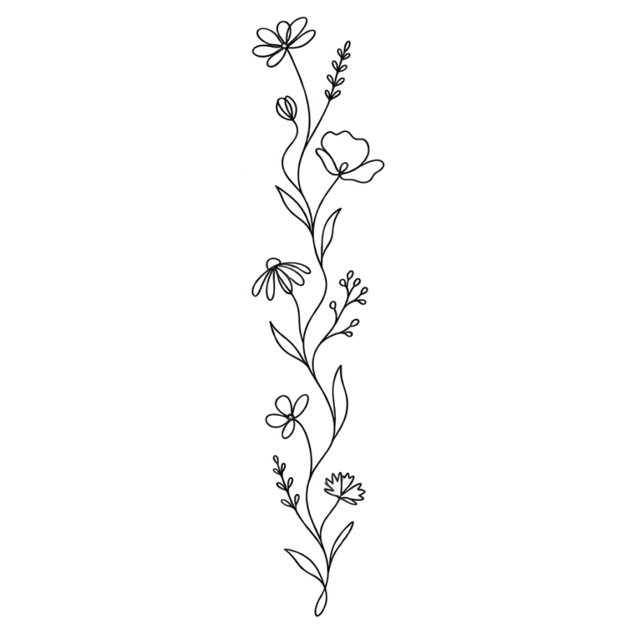 Single line wildflower stem sleeve tattoo with airy open spacing