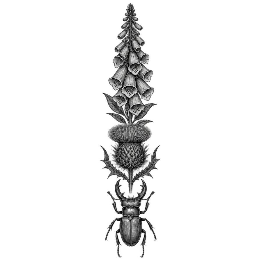 Engraved botanical plate tattoo design stacked as a column for a sleeve