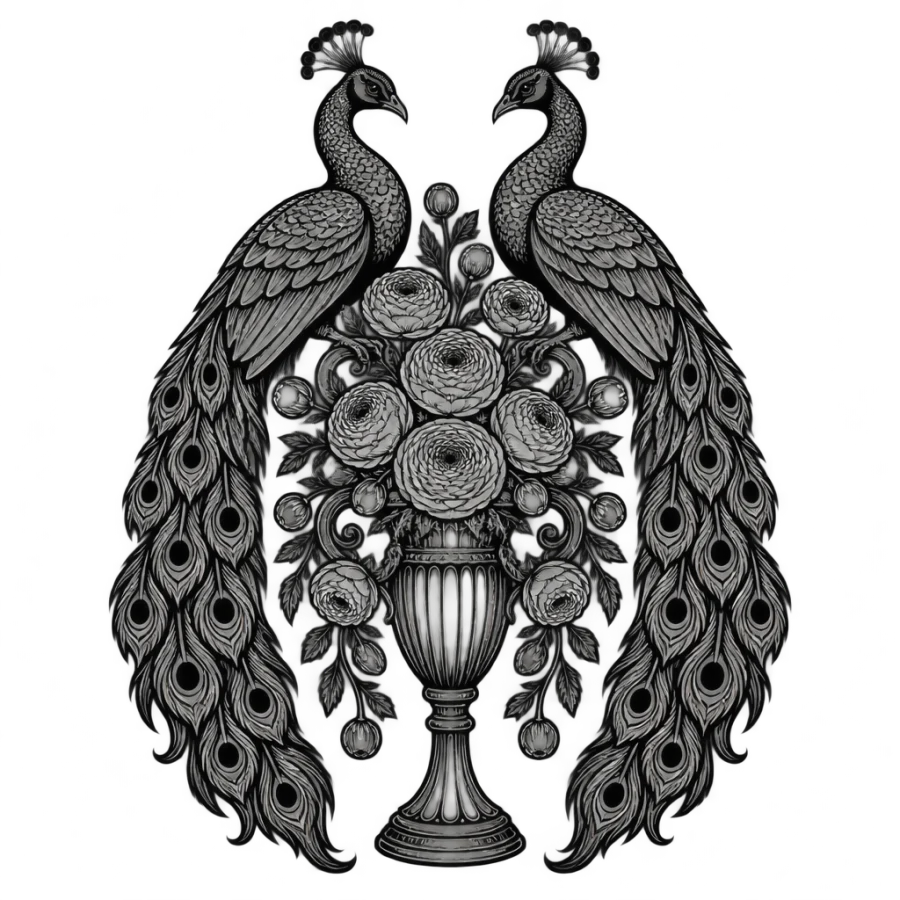 Symmetrical mirrored peacock tattoo design over a flower urn for a sleeve