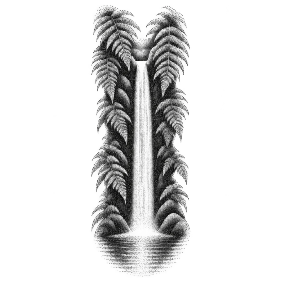 Dotwork waterfall and ferns tattoo design running as a sleeve column