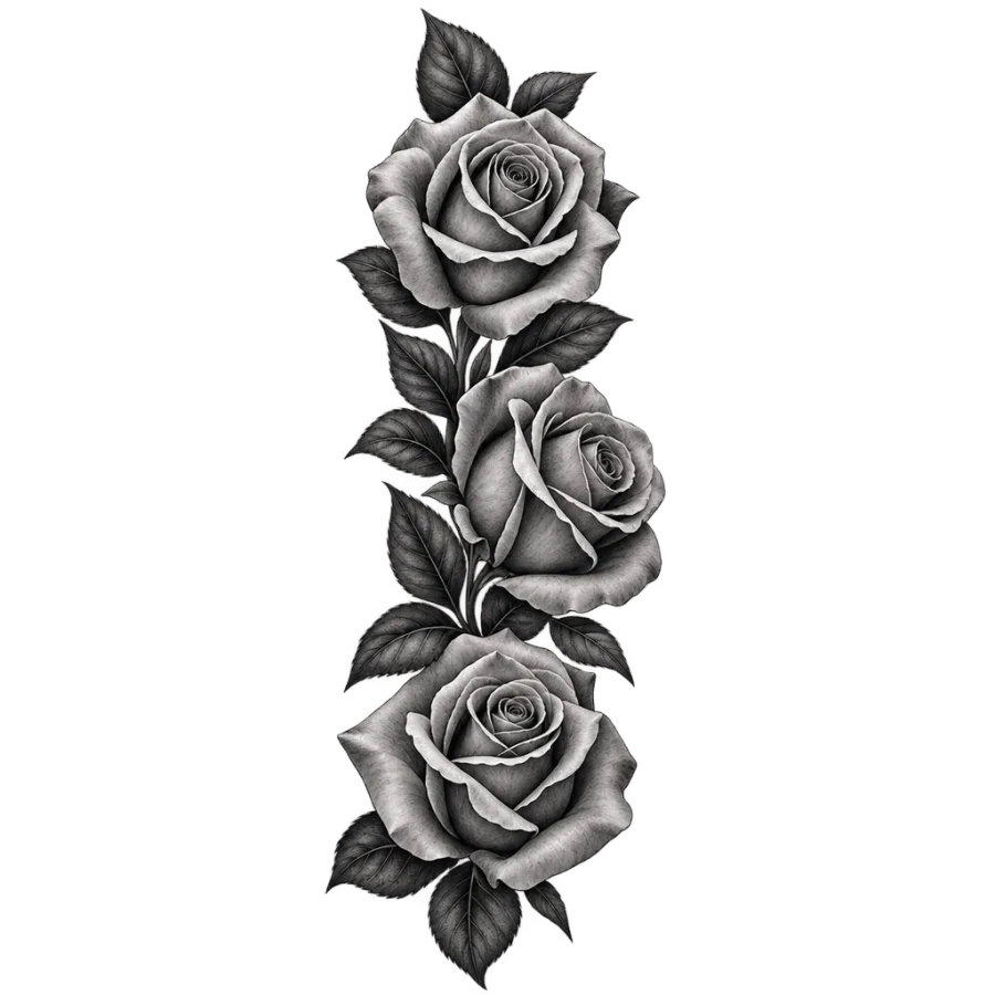 Black and grey realism rose sleeve tattoo running up the arm