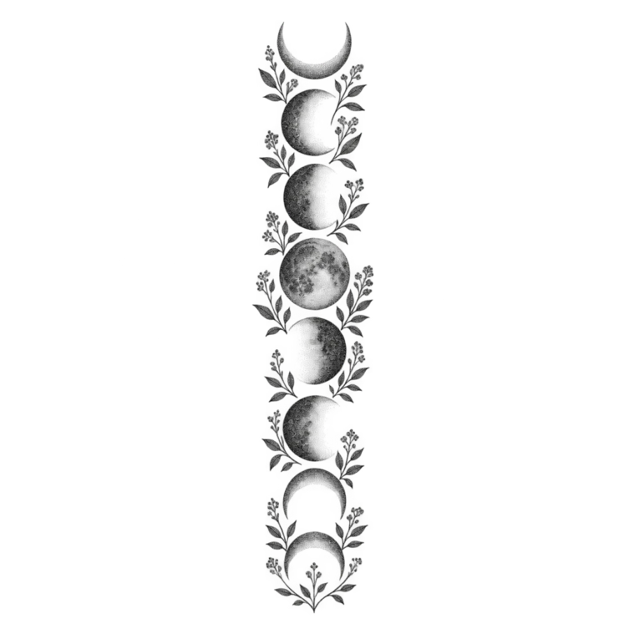 Dotwork moon phase and botanical sleeve tattoo as a tall column