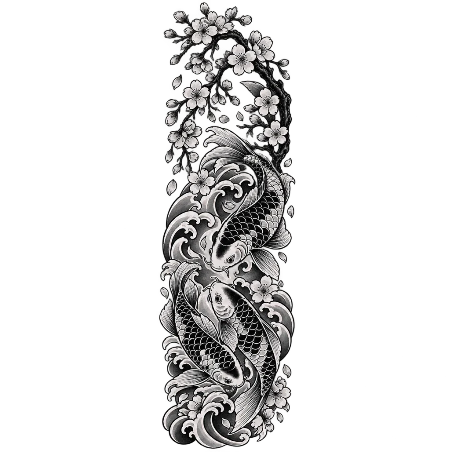 Japanese style cherry blossom and koi sleeve tattoo for the arm