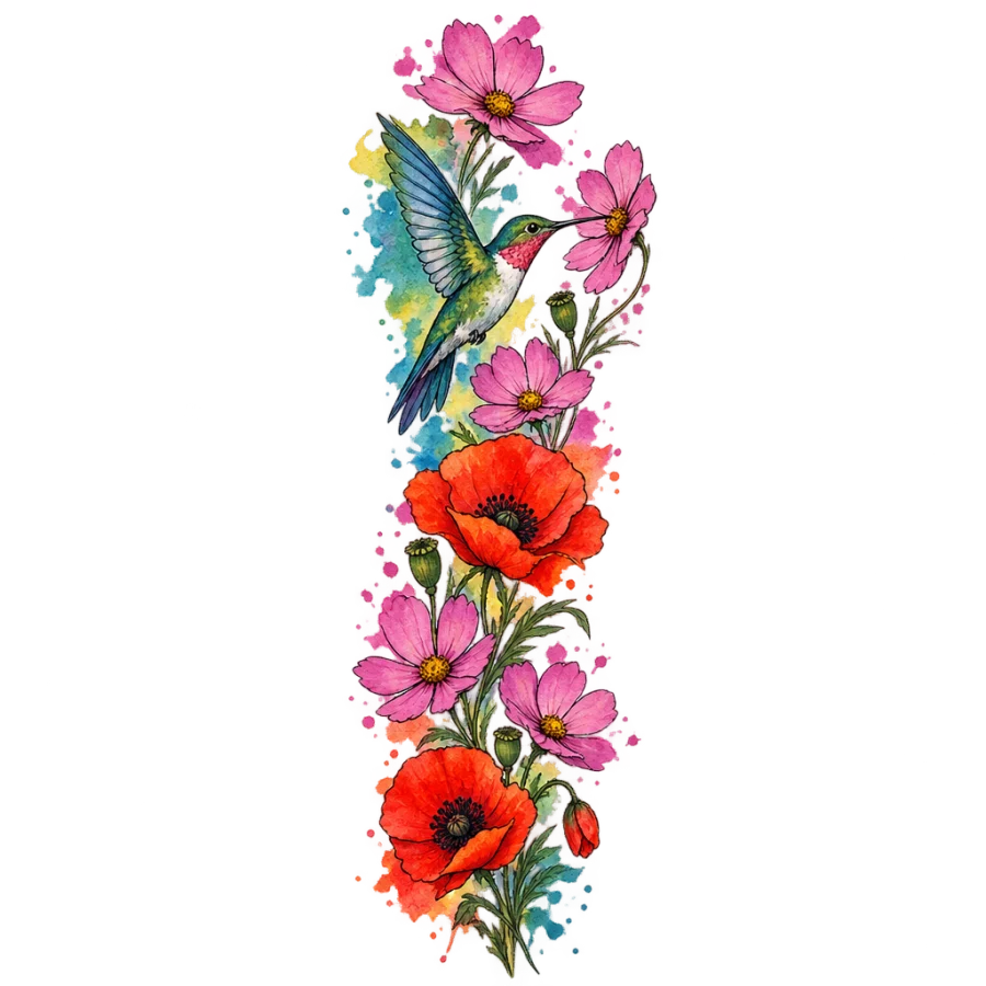 Watercolor hummingbird and wildflower sleeve tattoo running up the arm