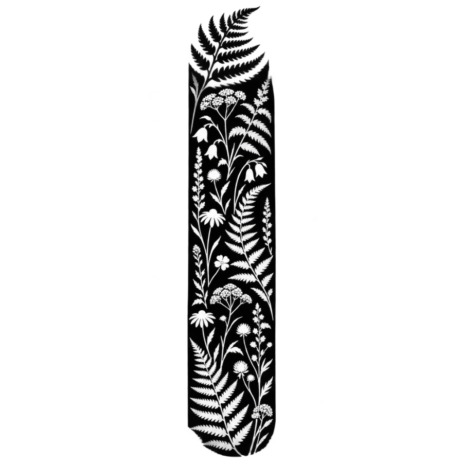 Blackwork negative space fern and wildflower sleeve tattoo
