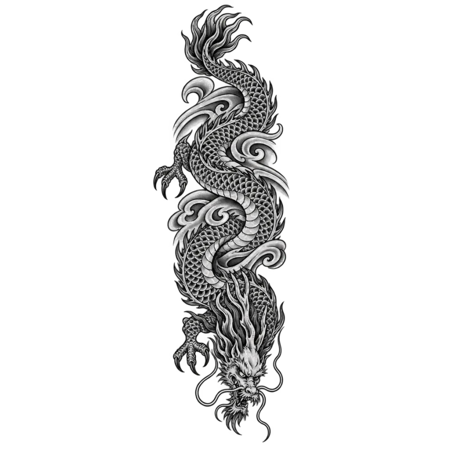 Japanese irezumi spine tattoo of a dragon descending head first in a narrow column