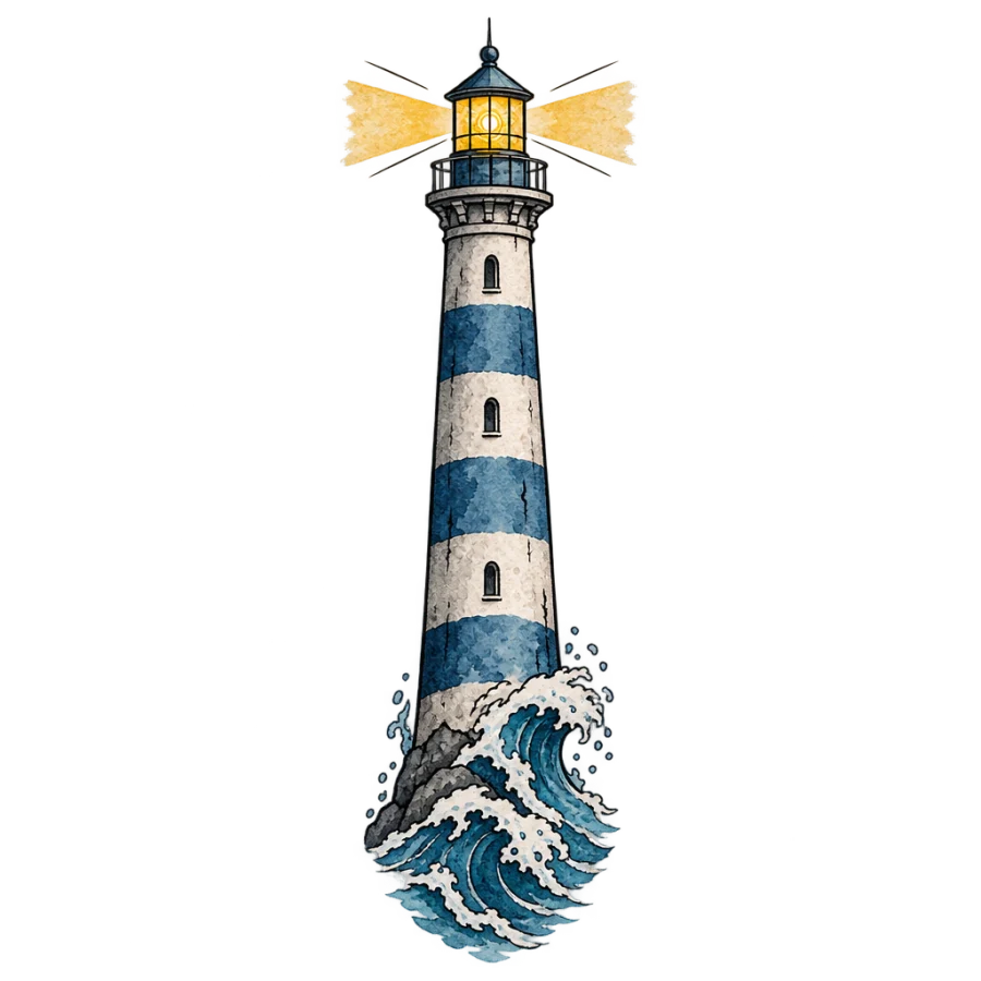 Watercolour spine tattoo of a lighthouse with a light beam and breaking waves