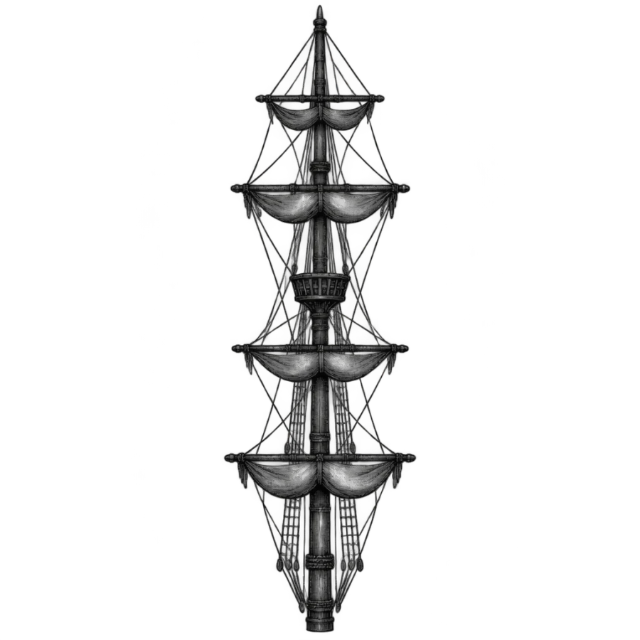 Woodcut ship mast tattoo design drawn as a tall column for the spine