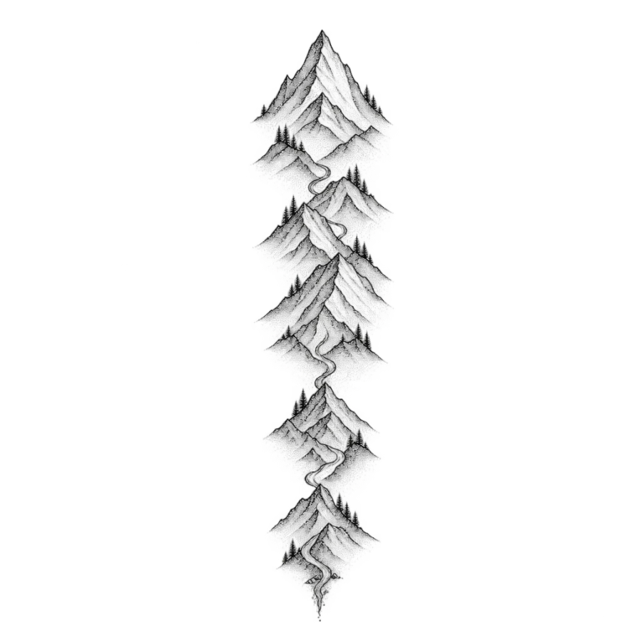 Fine line spine tattoo of stacked mountain peaks with a thin river between them