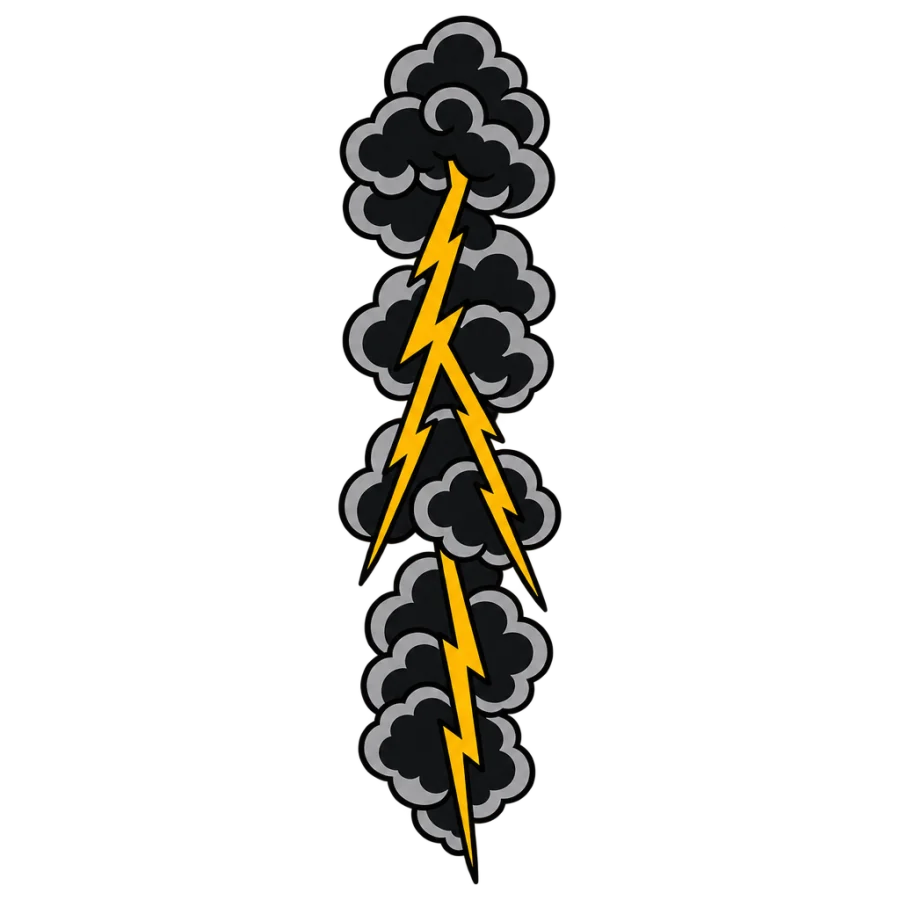 American traditional spine tattoo of a lightning bolt splitting stacked storm clouds