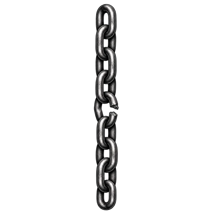 Black and grey realism spine tattoo of a hanging chain with one broken link