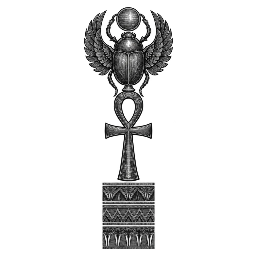 Engraved spine tattoo of a scarab beetle above an ankh and border bands