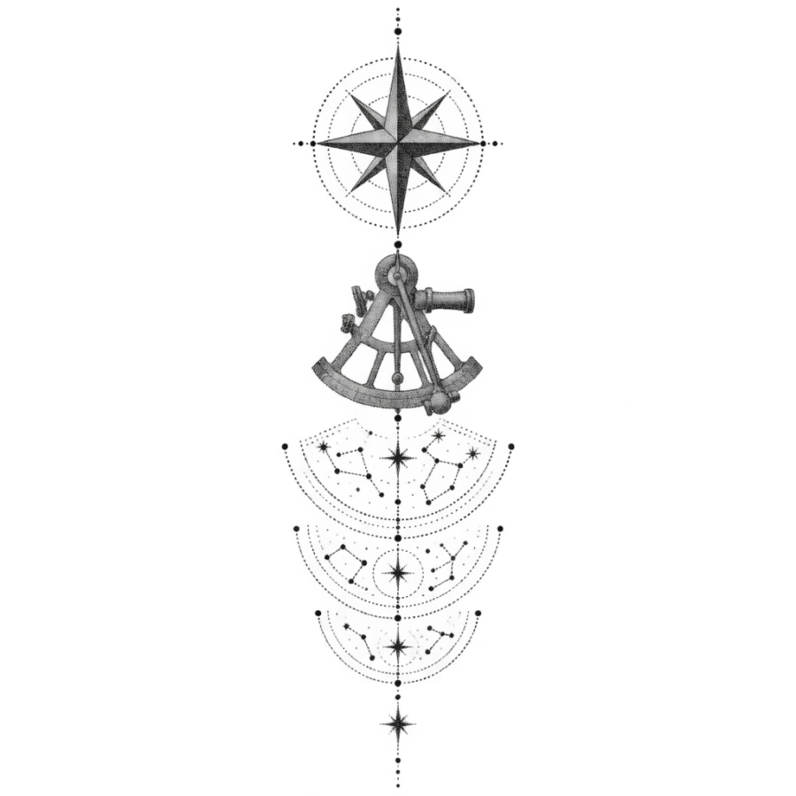 Dotwork spine tattoo of a compass rose above a sextant and star chart arcs