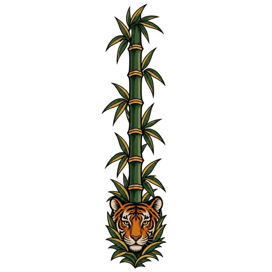 Neo traditional spine tattoo of a bamboo stalk with a tiger face at its base